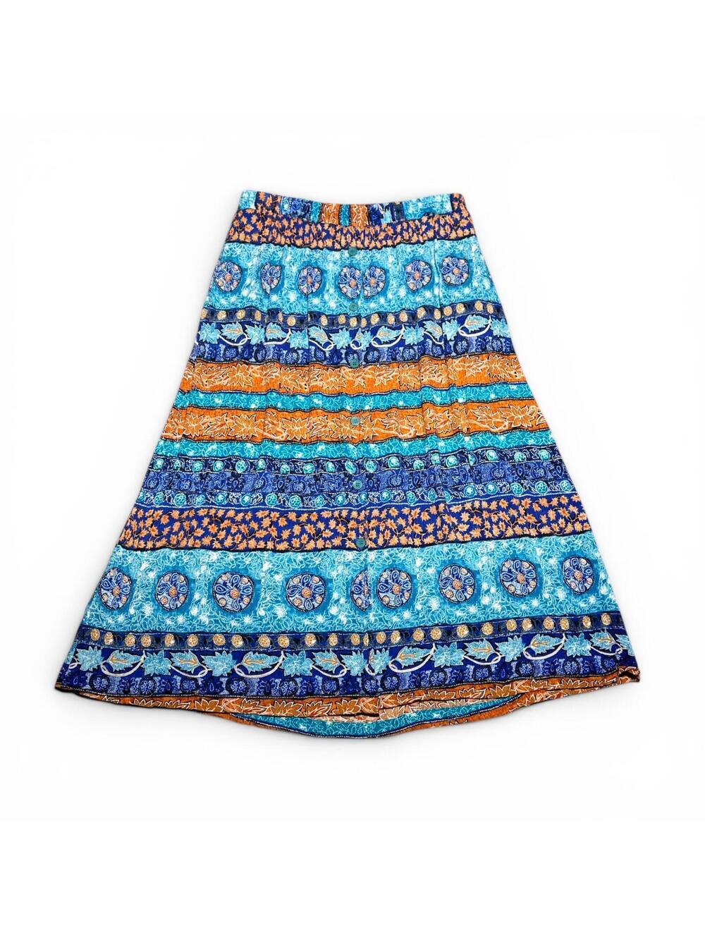 Vintage 90s Multicolor Rayon Patterned Midi Skirt Size Large